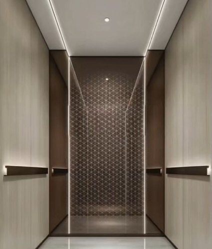 SCHNEIDER cabin with timber walls, etched glass rear panel and bronze handrails