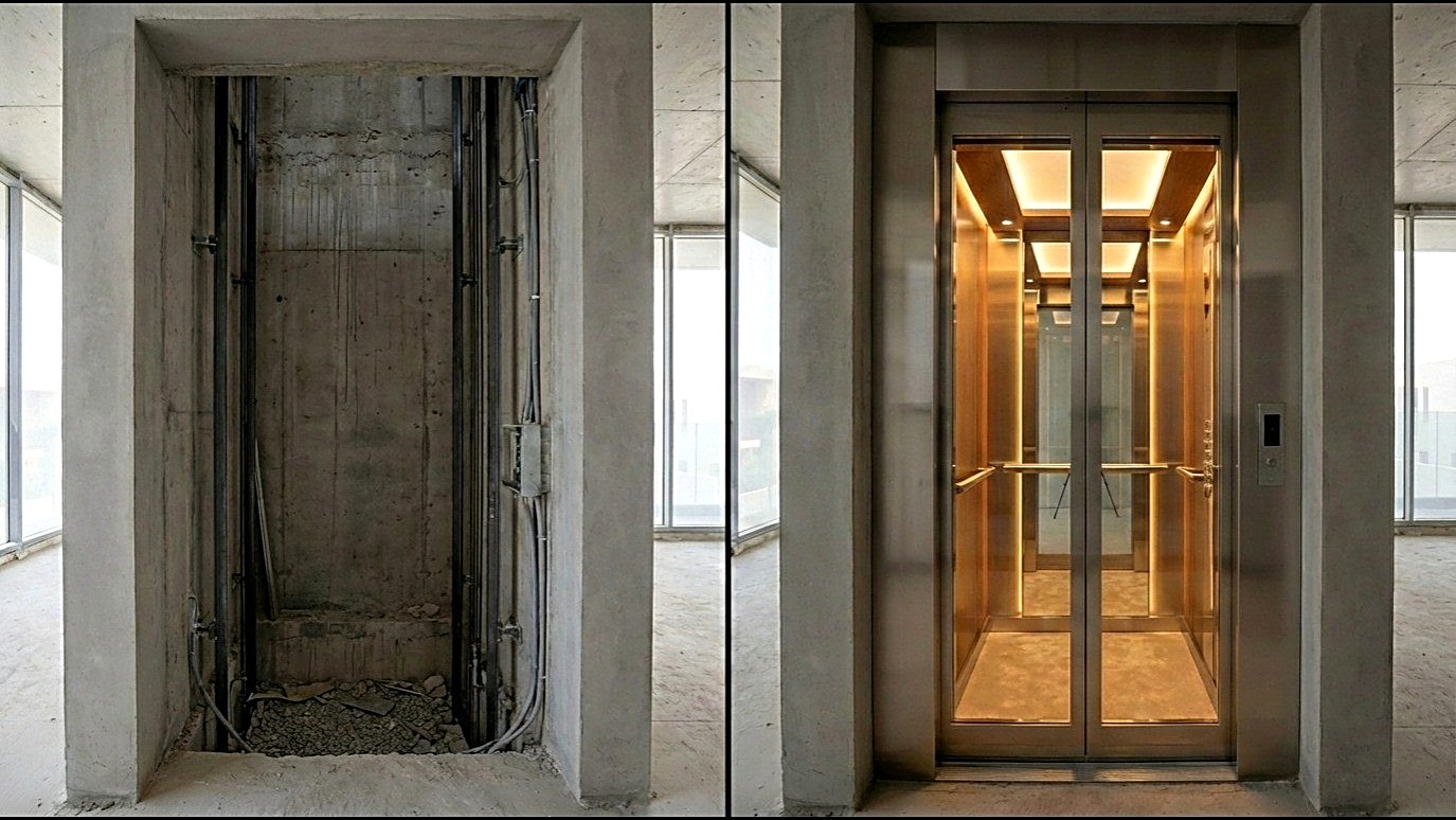 Lift modernisation before and after — existing shaft and finished cabin